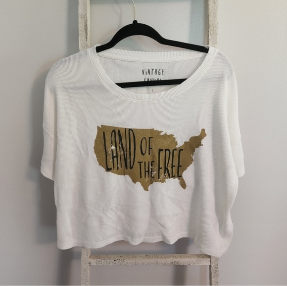Vintage Canvas small Land of the Free waffle knit short sleeve crop top - Picture 1 of 7